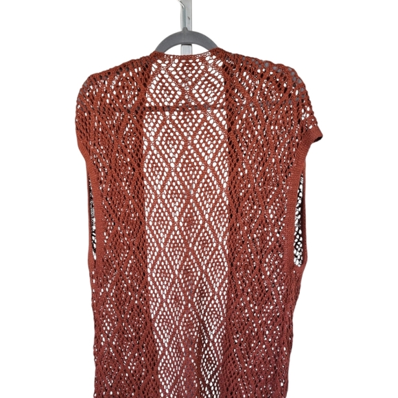 Maurices S Fringe Crochet Knit Duster Boho Gypsy Cardigan Vest Rust Orange - Picture 8 of 12